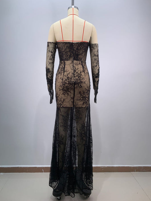 Vestido Largo Ajustado Negro con Encaje y Malla - Diseño Elegante con Abertura - Image 12