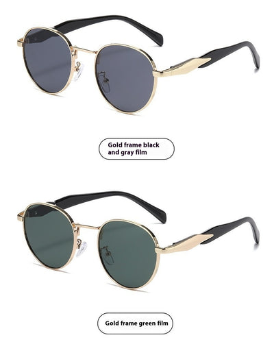 Silver metal round frame sunglasses with dark grey lenses and black temples, offering UV protection for women. - Image 14