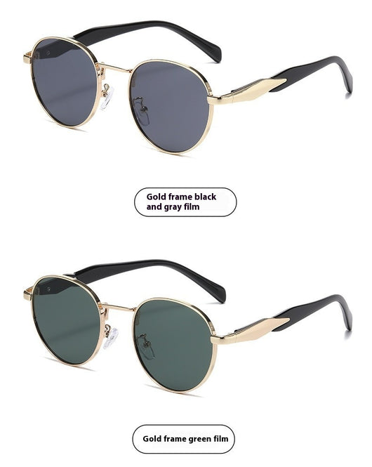 Silver metal round frame sunglasses with dark grey lenses and black temples, offering UV protection for women. - Image 14