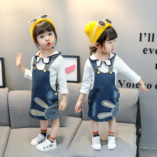 Vestido Denim Infantil con Bordado de Conejo y Tirantes para Niñas - Image 11