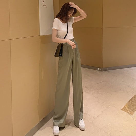 Pantalón Casual de Talle Alto con Drapeado en Satén - Elegancia Primaveral