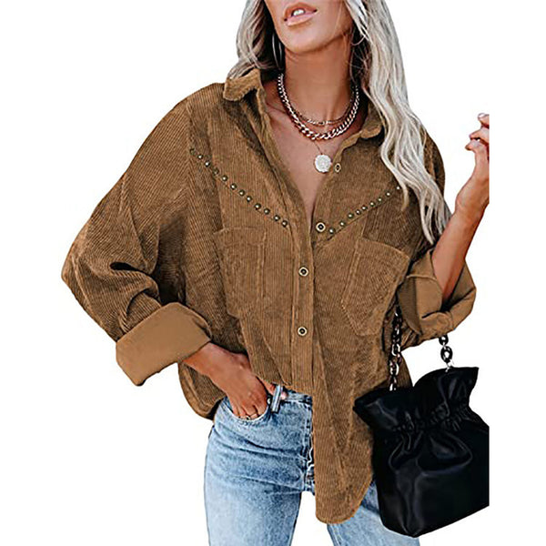 Chaqueta Camisa Oversized de Pana Botones Manga Larga Colores Sólidos
