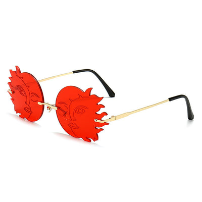 Orange sun-shaped rimless sunglasses with gold metal frames and black earpieces, featuring a smiling face design. - Image 5