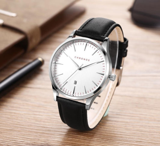 Reloj de Negocios Acero Inoxidable con Correa de Cuero y Calendario