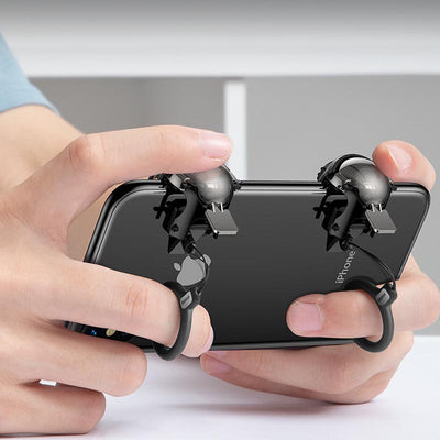 Mobile game trigger accessory with a digital camouflage pattern, designed for smartphones, shown on a white stand. - Image 3