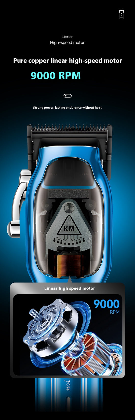 Blue electric hair clipper set with charging base, USB cable, cleaning brush, oil, and six guide combs. - Image 11