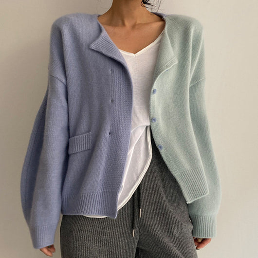 Cardigan Suelto de Cuello Redondo con Combinación de Colores para Mujer - Image 10