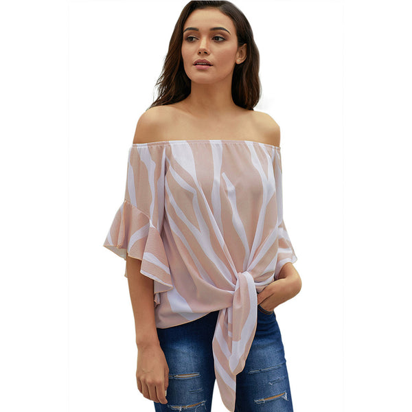 Blusa de Verano Elegante con Cuello Tubo y Mangas Trompeta a Rayas