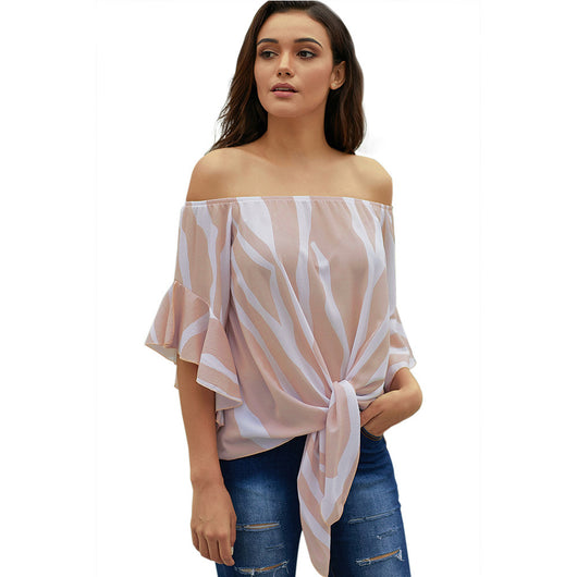 Blusa de Verano Elegante con Cuello Tubo y Mangas Trompeta a Rayas