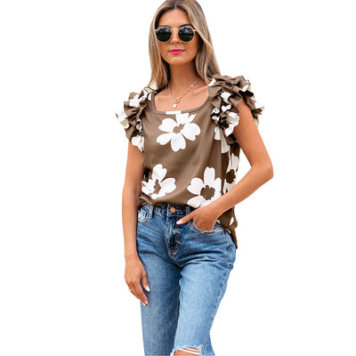 Blusa Floral Fruncida de Manga Corta Estilo Europeo y Americano - Image 6