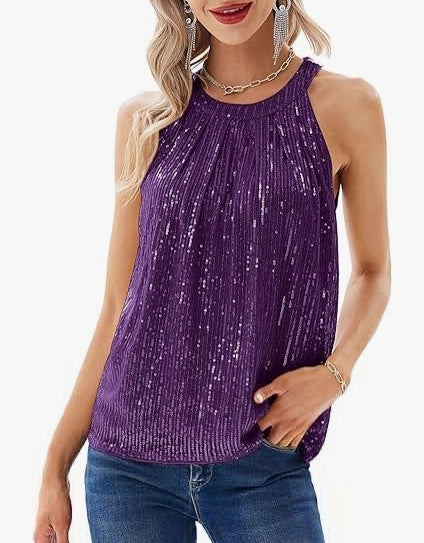 Blusa Escotada Halter con Lentejuelas y Cuello Redondo - Image 12