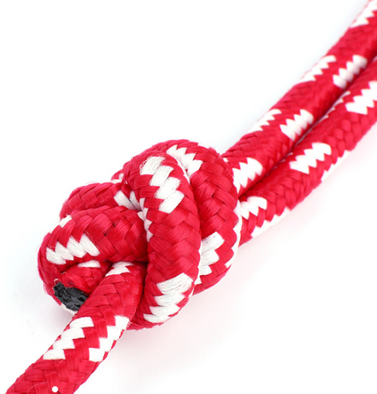 Three red rubber pet balls of varying sizes, attached to a red and white braided rope, for chewing and play. - Image 2