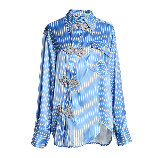 Blusa Retro Asimétrica con Rayas Diagonales y Hebilla Diseñadora