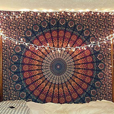 Blue, orange, and red mandala tapestry with intricate floral patterns, ideal for wall decor or dorm rooms. - Image 9