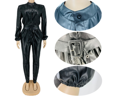 Jumpsuit de Cuero para Mujer con Cinturón de Botones - Image 17