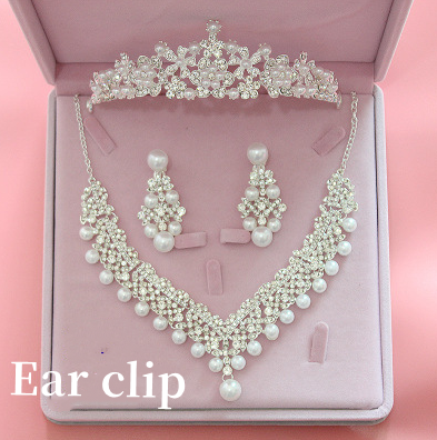 Three-piece bridal jewelry set with a rhinestone and pearl tiara, matching necklace, and chandelier earrings in a pink box. - Image 2
