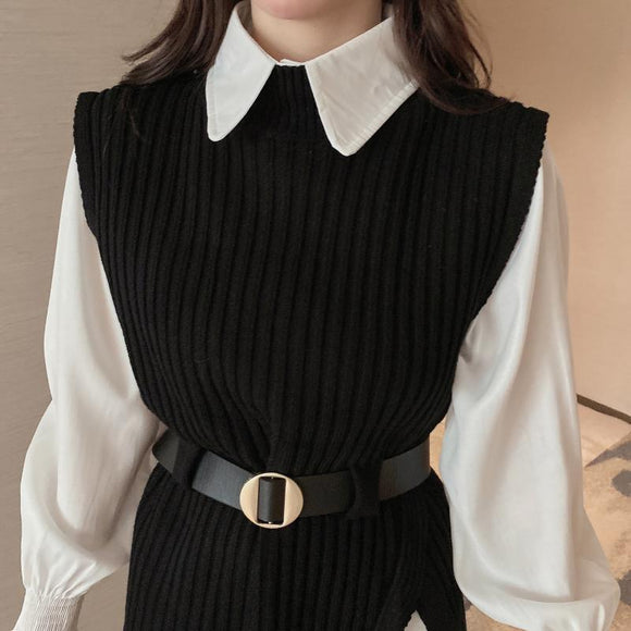 Conjunto Ejecutivo: Chaleco Tejido + Camisa de Temperamento para Mujer