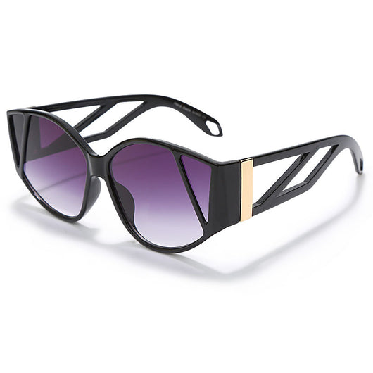 Light peach cat-eye sunglasses with purple gradient lenses and geometric cutouts on the frame. - Image 15