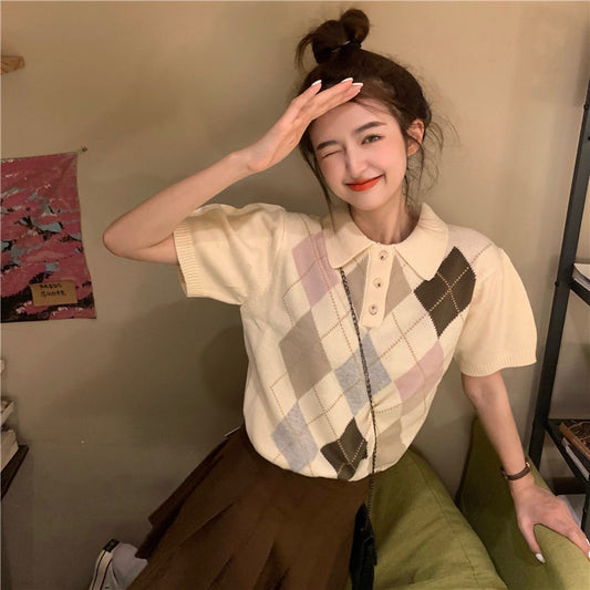 Blusa Manga Corta Contraste de Colores Rombos
