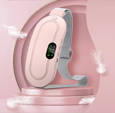 Pink electric stomach warming belt with lumbar support, digital display, and adjustable grey strap on a pink pedestal. - Image 2