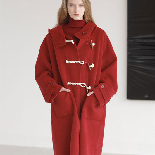 Abrigo de Lana Doble Faz Rojo Retro para Mujer