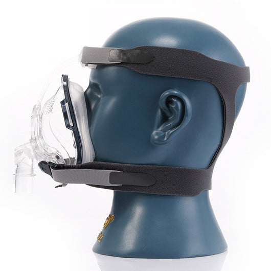 Clear full face oral and nasal mask with gray headgear displayed on a mannequin head for sleep therapy. - Image 3