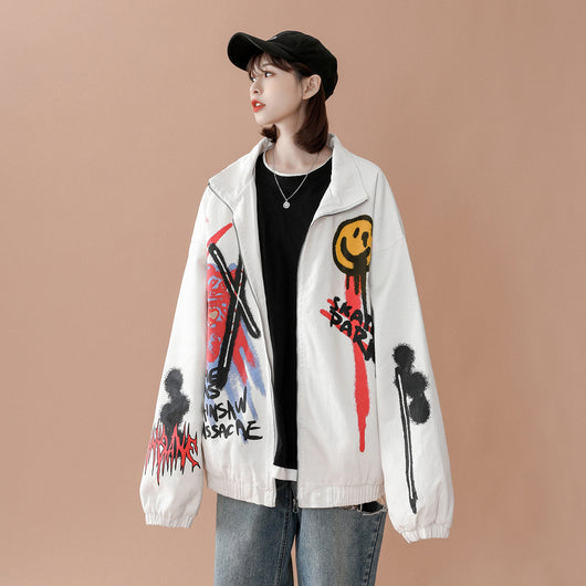 Chaqueta Casual Suelta Estilo Hong Kong con Diseño Pintado a Mano