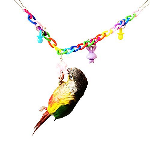 Colorful acrylic chain suspension bridge swing toy with hanging charms for parrots, installed in a white bird cage. - Image 2