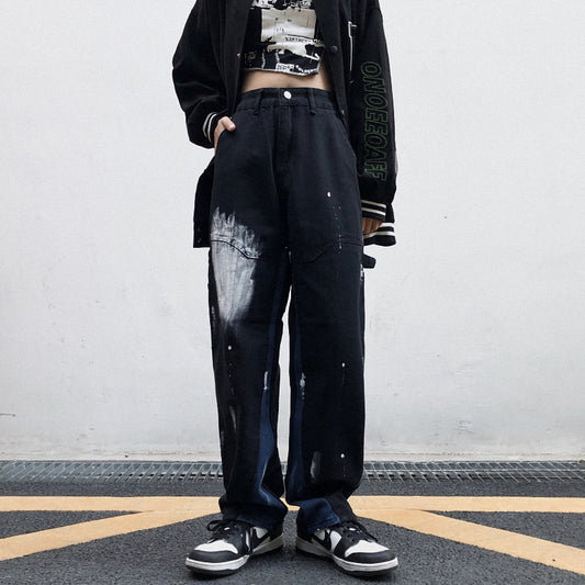 Jeans Rectos Cintura Alta Tie-Dye Degradado Efecto Salpicado Harajuku