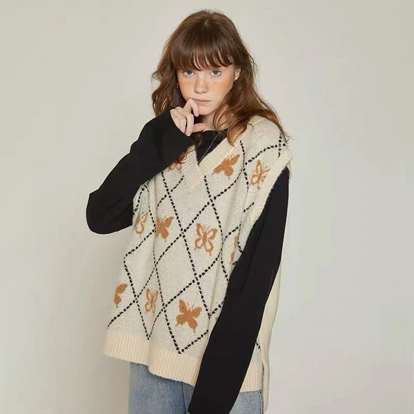 Chaleco Tejido Mujer con Diseño de Mariposa Japonés