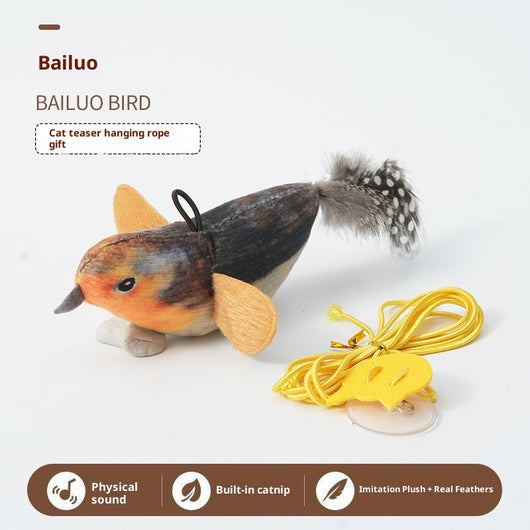 Plush bird cat toy with orange chest, grey body, feathered tail, and an elastic string for interactive play. - Image 10