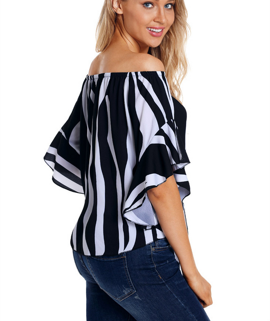 Blusa de Verano Elegante con Cuello Tubo y Mangas Trompeta a Rayas - Image 11