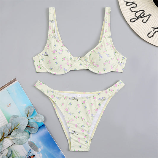 Light blue floral bikini with pink and yellow flowers, featuring an underwire top and high-cut bottom. - Image 2