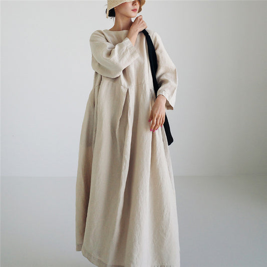 Vestido Lino Suelto Talla Grande - Blusa Larga Estilo Estudiante Cuello Redondo