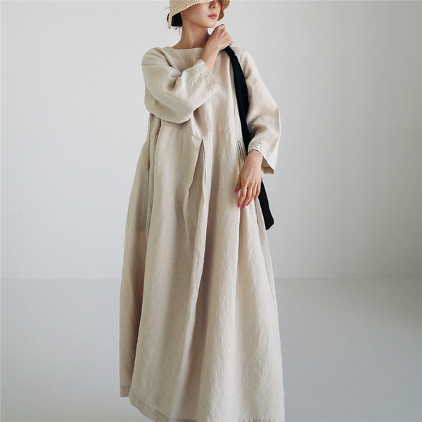 Vestido Lino Suelto Talla Grande - Blusa Larga Estilo Estudiante Cuello Redondo