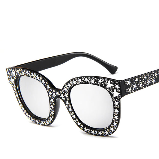 Black cat-eye sunglasses for ladies, featuring silver star embellishments on the frames and temples. - Image 10