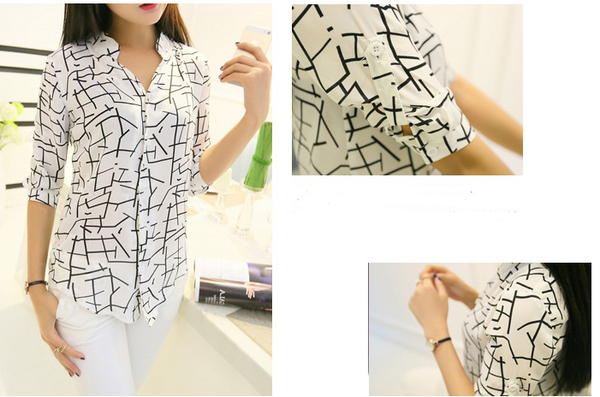 Blusa de Gasa a Rayas con Diseño de Siete Mangas - Estilo Coreano para Mujer