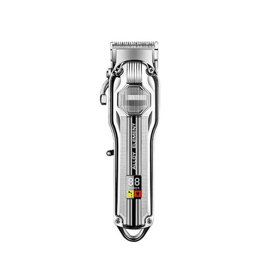 Silver electric hair clipper with LED display, six colorful guide combs, USB charging cable, cleaning brush, and oil. - Image 5