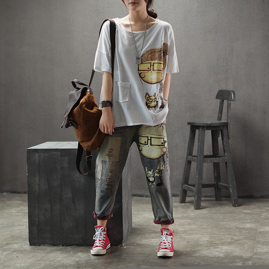 Pantalones Vaqueros Rotos Estampados para Mujer - Noveno - Image 5