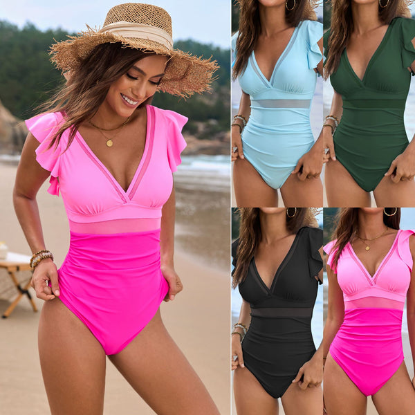 Light blue one-piece swimsuit with mesh stitching, ruffled sleeves, and a V-neck, modeled on a beach.