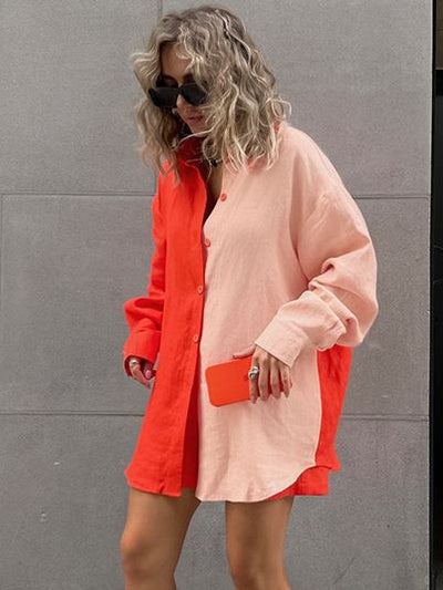 Conjunto de Blusa y Short Casual de Contraste en Manga Larga para Mujer - Image 14