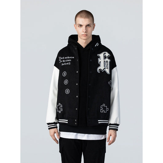 Chaqueta Universitaria Hip Hop con Mangas de Cuero y Bordados - Image 14