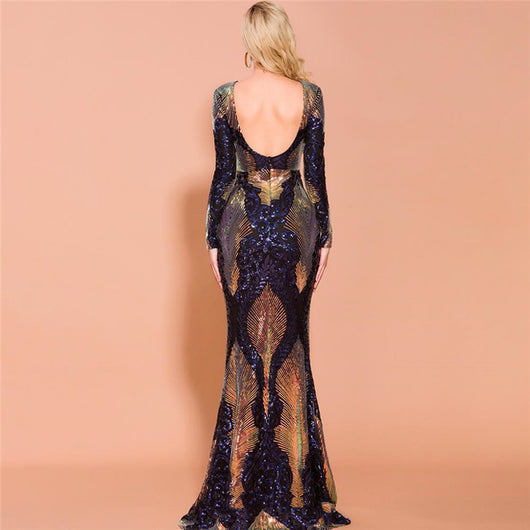 Vestido Maxi Escotado de Lentejuelas de Manga Larga - Image 7