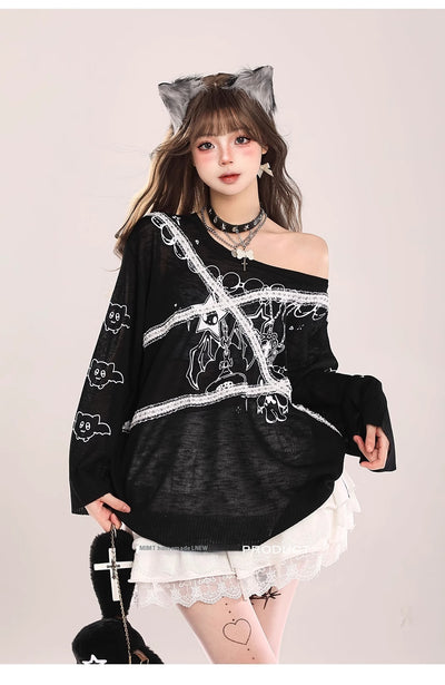 Sudadera Tejida con Encaje en Hombros y Diseño Graffiti Retro para Mujer - Image 9