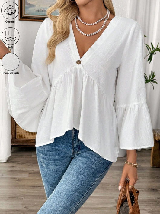Blusa Cuello V con Mangas Volantes en Colores Sólidos - Image 21