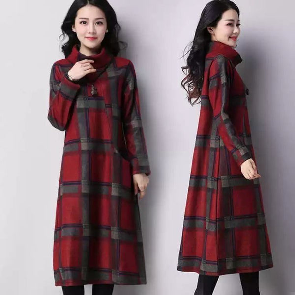 Vestido de Lana Talla Grande Cuadros Retro Otoño Invierno - Image 3