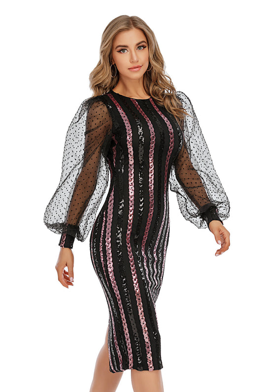 Vestido Retro de Malla y Lentejuelas con Mangas Largas para Mujer - Image 4