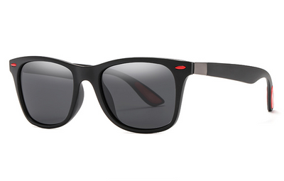 Black Wayfarer-style men's polarized sunglasses with dark gray lenses and a subtle silver accent on the temples. - Image 8