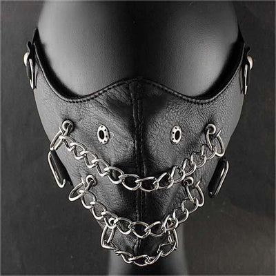 Black leather half-face mask with brass chains, spikes, and gear accents, featuring adjustable elastic straps. - Image 21