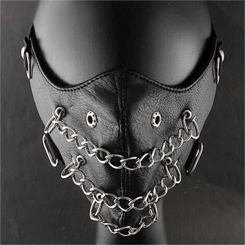 Black leather half-face mask with brass chains, spikes, and gear accents, featuring adjustable elastic straps. - Image 21